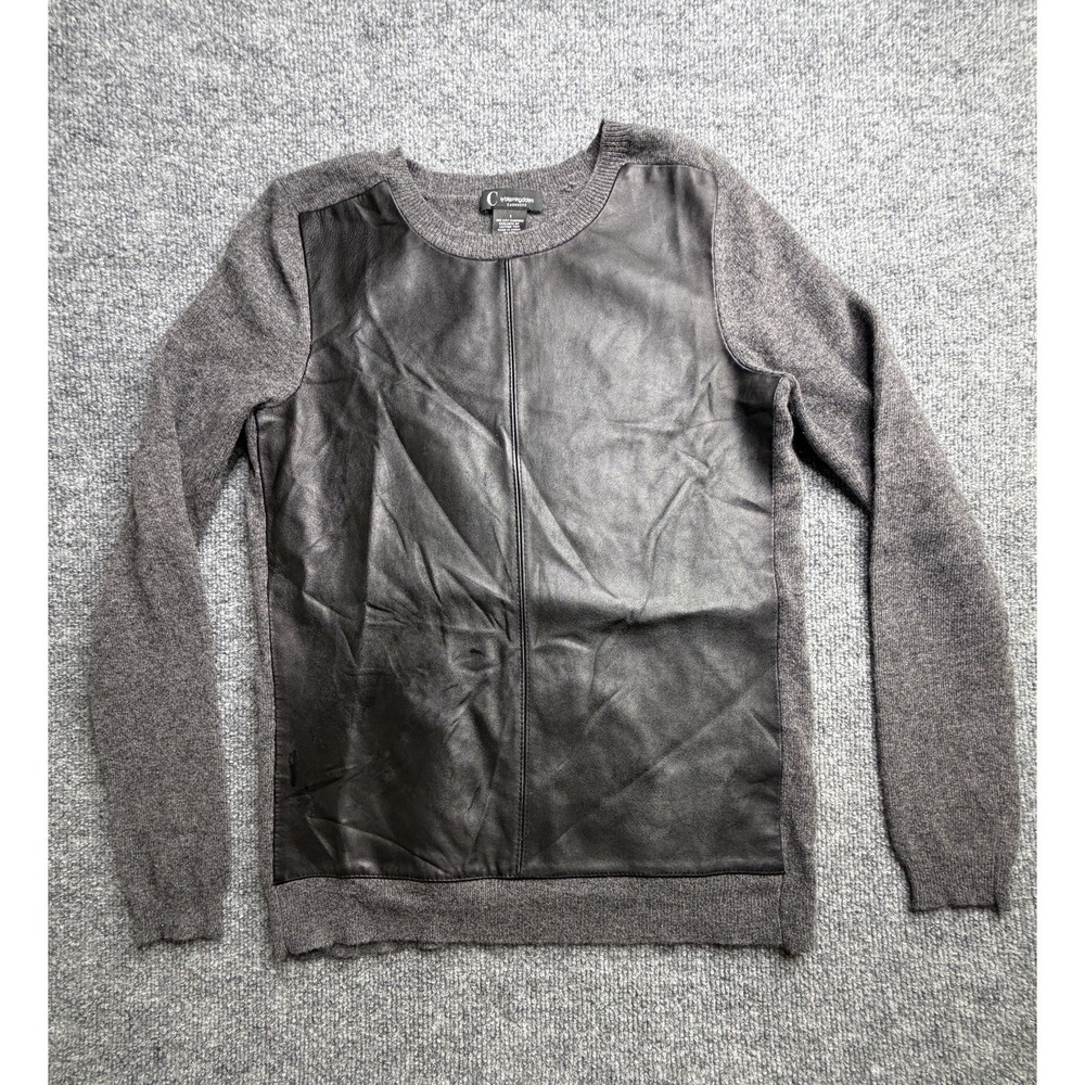 C by Bloomingdales Cashmere Sweater Leather Crewneck S Black Gray Pullover